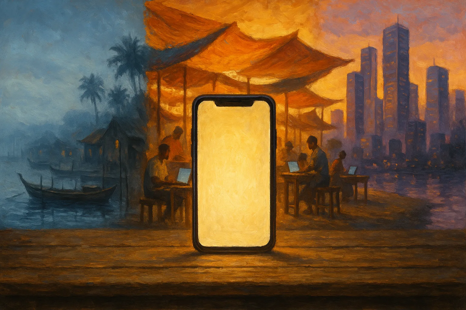 封面——一只手举着一部发光的智能手机，背后的风景将一座渔村、一处摆着笔记本电脑的非洲集市与一座现代天际线连成一片