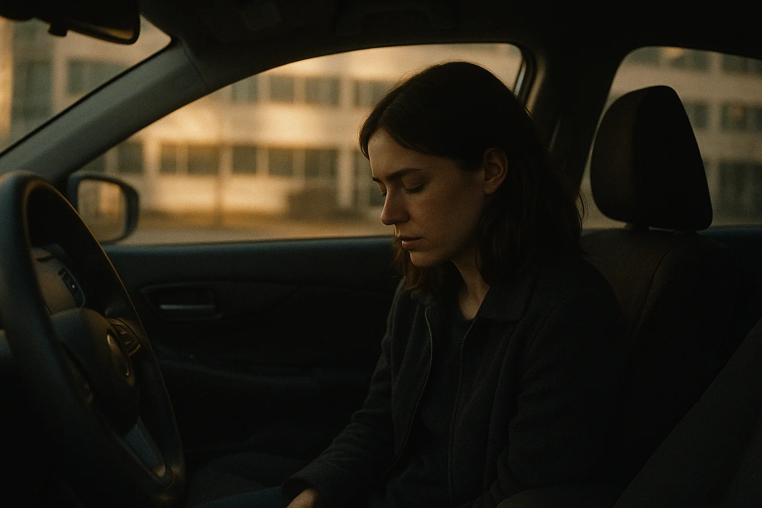 一位年轻女性坐在停着的车里，头微微低着，身后的办公楼透过车窗显得模糊。